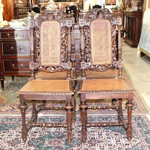 Set of 4 French Antique Louis XVI Dining Chairs | Oak Wood with Cane Seats