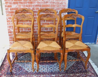 Set of 6 French Antique Louis XV Walnut Rush Seat Dining Chairs