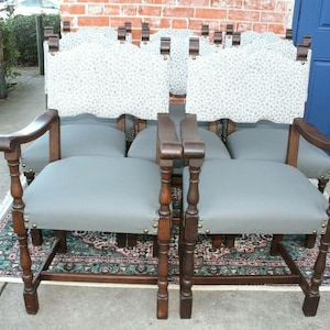 Set of 8 French Antique Renaissance Upholstered Kitchen Dining Room Chairs - Light Gray