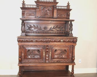 French Antique Carved Chestnut Wood Britany Server / Sideboard
