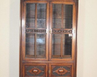 English Antique Jacobean Barley Twist Oak Bookcase / Display Cabinet