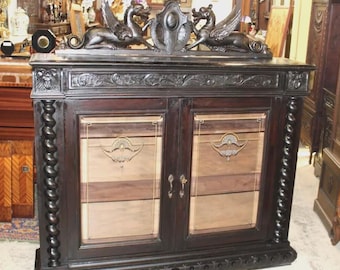 French Antique Louis XIII Glass Door Bookcase Display Cabinet w/ Griffins
