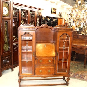 English Antique Oak Jacobean Drop Front Desk Bookcase w/ Leaded Glass Doors