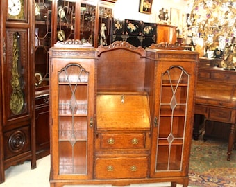 English Antique Oak Jacobean Drop Front Desk Bookcase w/ Leaded Glass Doors