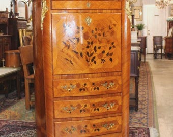 French Antique Louis XV Inlaid Rosewood Secretary Front Drop Desk / Chest Drawer