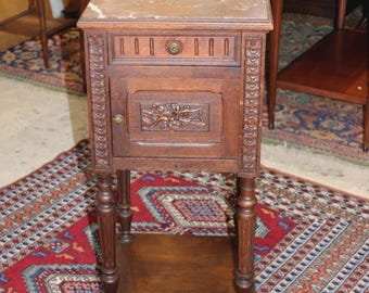 French Louis XVI Antique Oak Nightstand, Small Bedside Cabinet with Drawer
