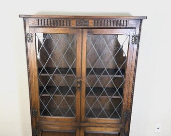 English Antique Oak Leaded Glass Bookcase / Display Cabinet