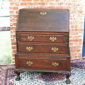 English Antique Dark Oak Drop Front Desk | Ball & Claw Secretary Bureau