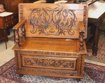 Antique English Jacobean Tiger Oak Bench, Carved Storage Seat, Hall Bench Table, 19th Century