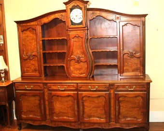 French Antique Burled Walnut Louis XV Buffet Cabinet with Grand Father Clock | Dining Room Furniture