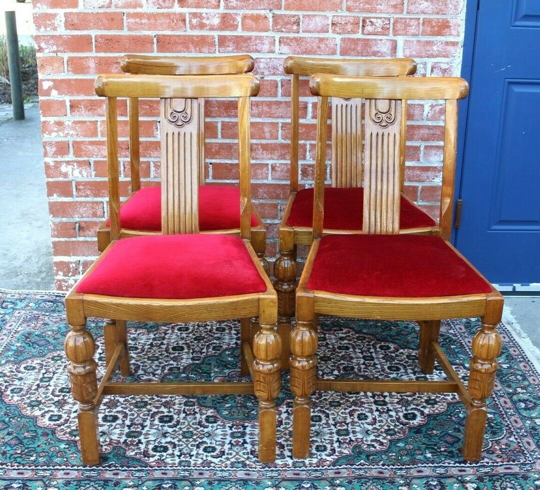 Set of 4 English Oak Art Deco Dining Chairs W/ Red Velvet Seats Antique ...