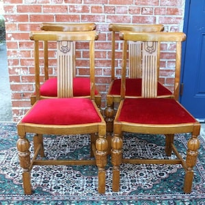 Set of 4 English Oak Art Deco Dining Chairs w/ Red Velvet Seats Antique
