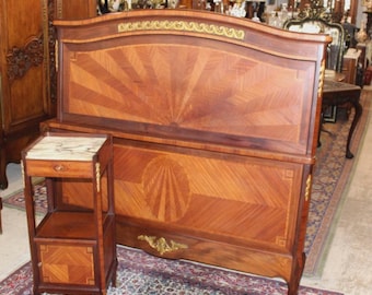 Antique French Louis XV Inlaid Bedroom Set, Signed Perol Freres, Queen Size Bed & Marble Nightstand