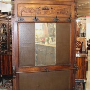 Large French Renaissance Hall Tree | Antique Walnut Coat Rack with Mirror