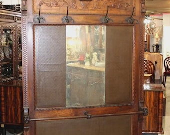 Large French Renaissance Hall Tree | Antique Walnut Coat Rack with Mirror
