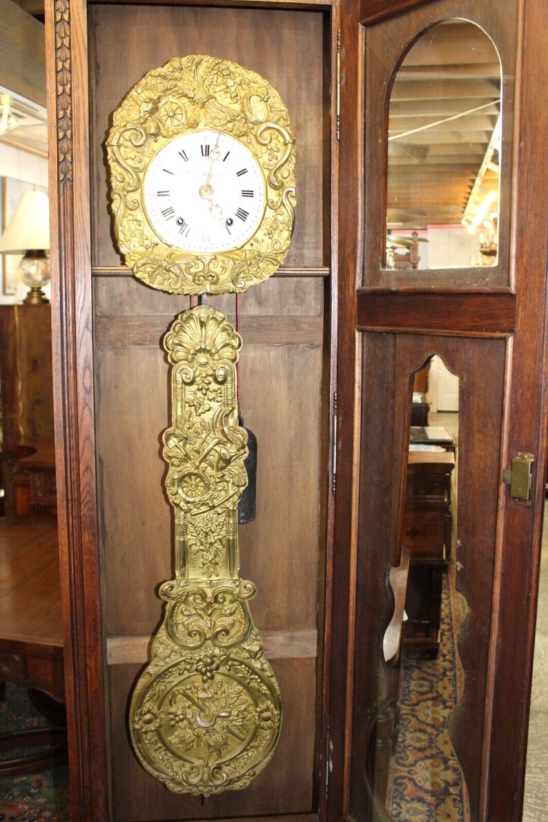 French Antique Oak Wood Britany Morbier Grandfather Clock Runs Perfect
