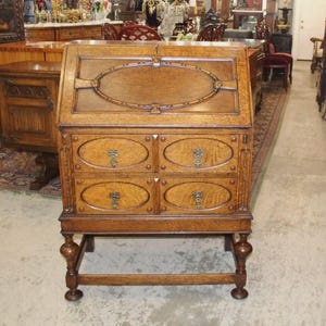 English Antique Oak William & Mary Drop Front Desk | Carved Detail and Drawers