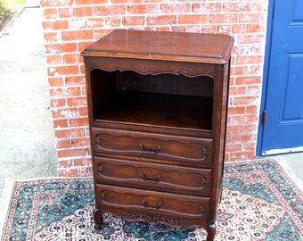 French Antique Louis XV Oak Chest Cabinet w/ 3 Drawers & Open Storage Shelf