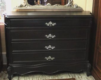 French Antique Louis XV Chest of Drawers | Painted Black w/ Ornate Hardware