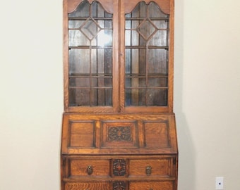 English Antique Jacobean Oak Leaded Glass Secretary Desk / Bookcase