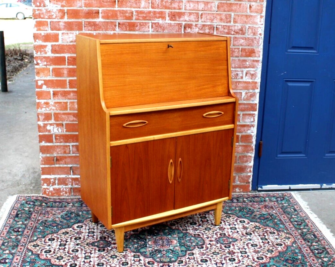 Mid Century Teak Wood Front Drop Desk Home Office Etsy