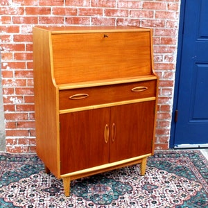 Mid Century Modern Teak Drop Front Desk | Vintage Home Office Cabinet Storage