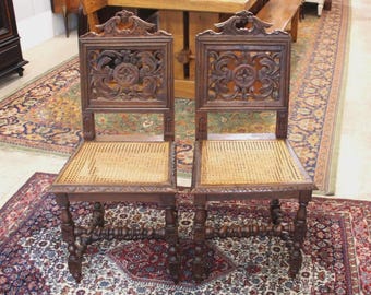 Set of 2 French Antique Renaissance Oak Dining Chairs w/ Cane Seats