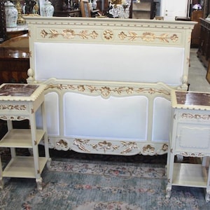 French Antique Louis XV Queen Bedroom Set | Upholstered w/ 2 Nightstands