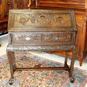 Mahogany Carved Drop Front Desk | Antique 2 Drawer Writing Table Office Decor
