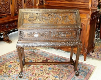 Carved Mahogany 2 Drawer Front Drop Desk