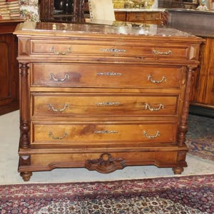 French Antique Henry II Walnut Chest | Marble Top Drawers Dresser c. 1880s