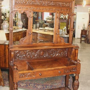French Antique Oak Renaissance Hall Tree | Carved Coat Stand with Mirror