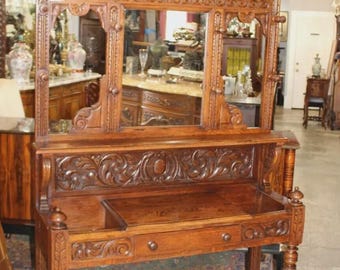 French Antique Oak Renaissance Hall Tree | Carved Coat Stand with Mirror