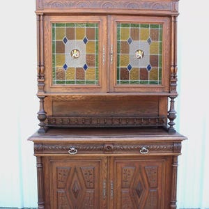 French Antique Oak Renaissance Hutch | Buffet w/ Stained Glass Cabinet Doors