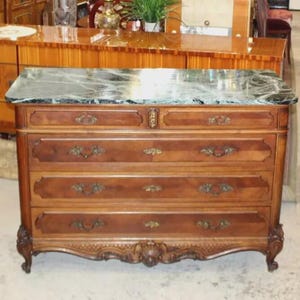 French Antique Louis XV Walnut Chest | Marble Top Chest of Drawers c. 19th C.