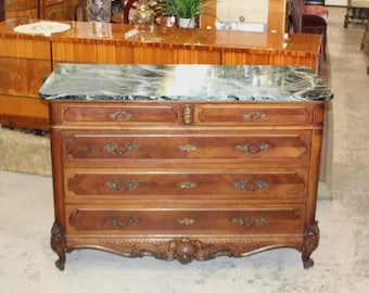 French Antique Louis XV Walnut Chest | Marble Top Chest of Drawers c. 19th C.