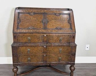 Antique English Tiger Oak William & Mary Drop Front Desk, Barley Twist Writing Desk, Jacobean Style Secretary