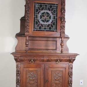 French Antique Oak Renaissance Stained Glass Buffet Cabinet Circa 1880