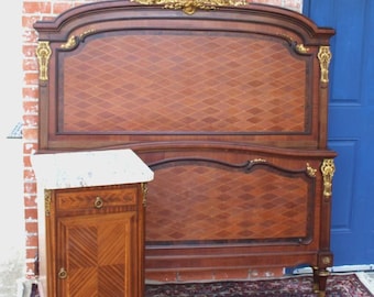 French Antique Louis XVI Parquetry Queen Size Bed & Nightstand | Bedroom Set
