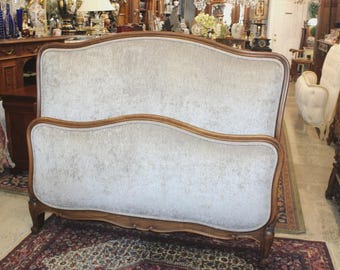 Antique French Louis XV Oak Full Size Bed, Newly Upholstered
