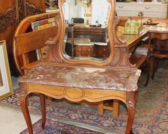 French Antique Carved Walnut Louis XV Marble Top Dresser / Vanity