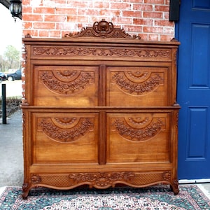 French Antique Carved Normandy Oak Louis XV Full Size Bed | Floral Details
