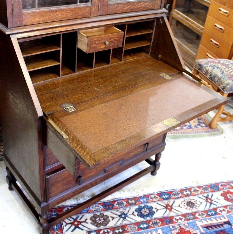 English Antique Oak Jacobean Secretary Desk / Bookcase Etsy