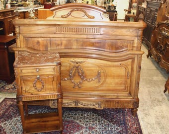 French Antique Louis XVI Walnut Full Size Bed & Nightstand | Bedroom Set