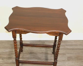 English Antique Jacobean Oak Side Table w/ Barley Twist Legs | Vintage Accent Table