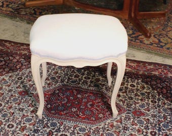 French Antique Napoleon III Vanity Stool / Refinished & Upholstered White Lenin
