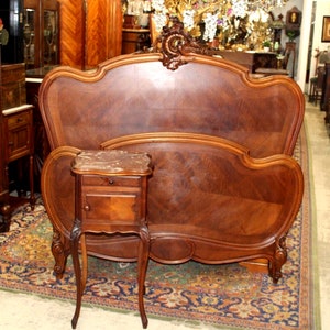 French Antique Louis XV Walnut Bed | Full Size with Matching Marble Nightstand Bedroom Set