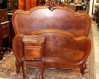 French Antique Louis XV Walnut Bed | Full Size with Matching Marble Nightstand Bedroom Set