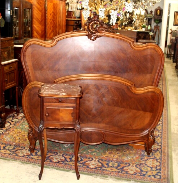 French Antique Louis XV Walnut Bed | Full Size with Matching Marble Nightstand Bedroom Set