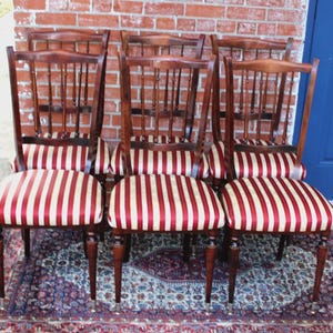 Set of 6 French Antique Chiavari Dining Chairs | Red Striped Upholstered Seats